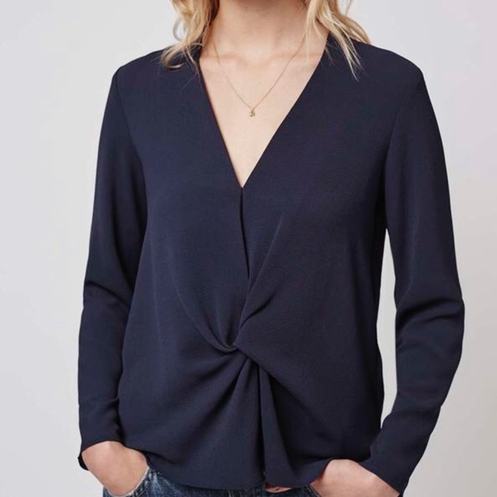 Topshop Navy Blue Knot Front Long Sleeve Semi-Sheer Blouse Top Size 8